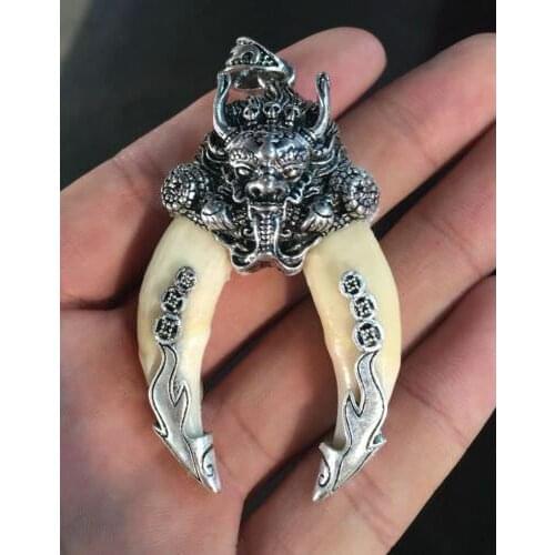 Chinese Antique Boars Tooth Wild Hog Silver Dragon protective talisman Pendant