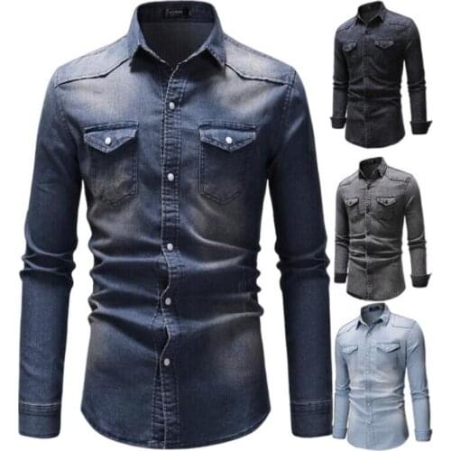 Men Denim Shirt Leaf Print Pocket Decoration Mens Long Sleeve Shirt Cotton Washed Denim Shirts Streetwear Multiple Styles