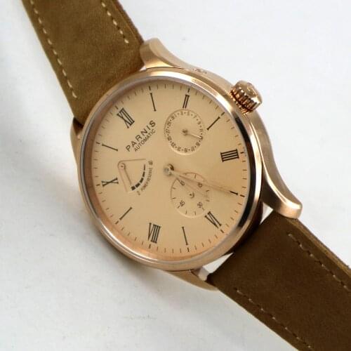 42mm parnis rose golden dial power reserve ST 1780 date automatic mens watch