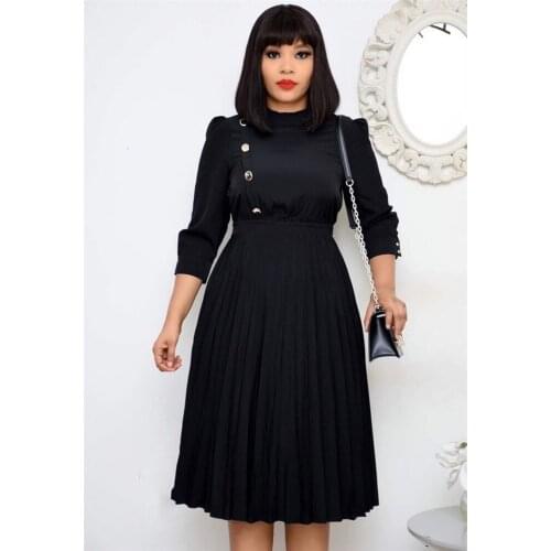 Pleated Dress African Dresses For Women Black Office Lady Dress African Clothes Stand Collar Knee Length Dress Robe Vestidos