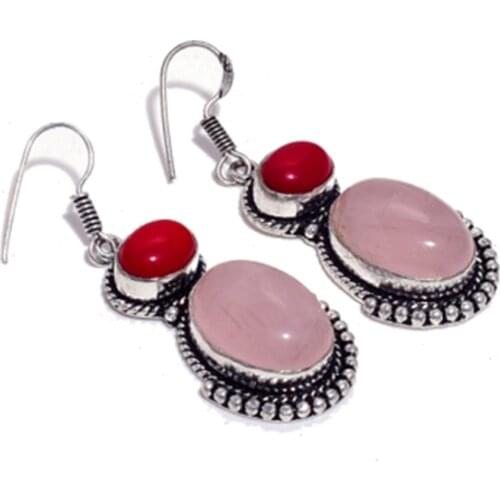 Rose Quartz + Coral , Silver Overlay on Copper Earrings ,54 mm , E4518