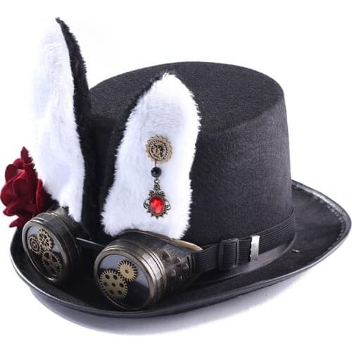Steampunk Hat Detachable Goggles Halloween Retro Top Hat Black Polyester Adult Cosplay Gothic Hat Novelty Rabbit Ears