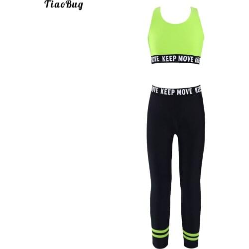 TiaoBug 2Pcs Kids Girls Sport Suit U Neck Straps Letters Print Crop Vest And Pants Set Sportswear For Running Gym Yoga Dance