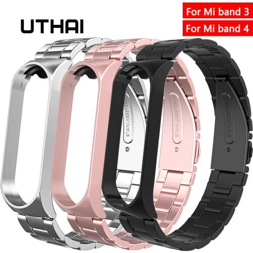 UTHAI Xiaomi Mi band 3/4 Strap Stainless steel watchband Replace strap Metal protective shell For mi band 3 4 watchband