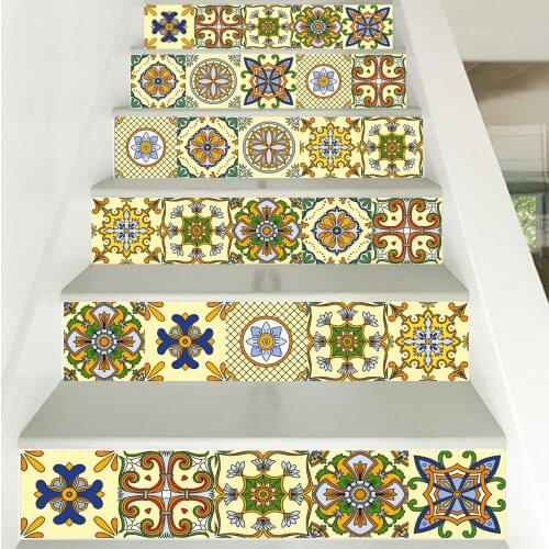 Yellow Floral Ornament Ceramic Tiles Wall Sticker Kitchen Wall Background Stairs Decoration Wallpaper Home Decor Art Wall Decals