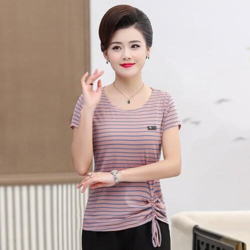 Short sleeve T Shirt Female Womens Striped Tshirt Cotton 2020 Summer drawstring Tee Shirt Lady Tops Basic Plus Size