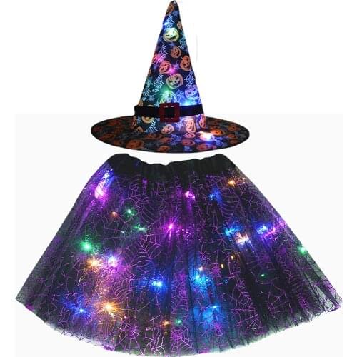 Women Kids Girl LED Glow Light Witch Hat Skirt Wizard Cosplay Props Birthday Party Gift Christmas Tree Headband New Year Costume