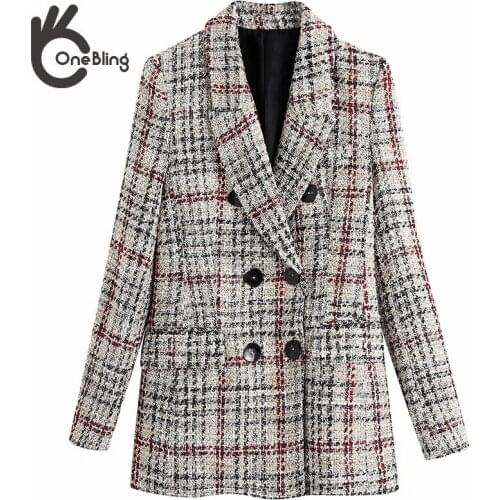 OneBling 2021 Za Woman Casual Traf Jacket Autumn Winter Shawl Collar Tweed Woolen Double Breasted Slim Long Blazers Plaid Coats