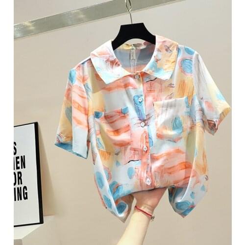 Contrast Color Print Shirt Women 2021 Summer Lapel Short Sleeve Buttoned Shirt Loose Fashion Print Chiffon Shirt Ladies Tops