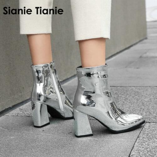 Sianie Tianie 2020 winter patent PU leather silver purple gold woman shoes booties fashion block high heels women ankle boots