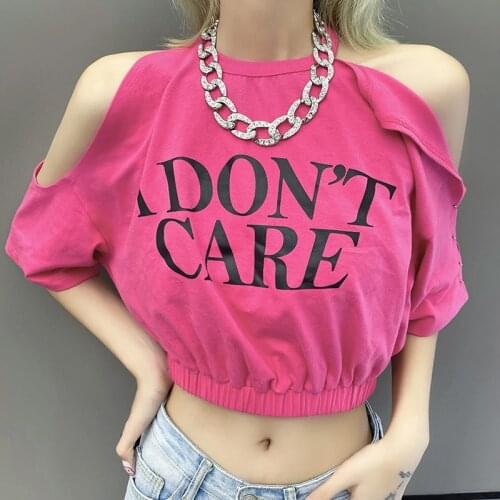 Off Shoulder Women O-Neck Tops Summer Sexy Letter PrtingT Shirt Streetwear Short Sleeve Loose Tshirts Women Clothing