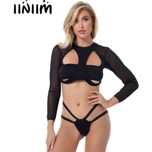 Women Sexy Lingerie See-through Mesh Swimming Suit Swimwear O Neck Long Sleeve Hollow Out Crop Top with Thongs Bikini Bottom
