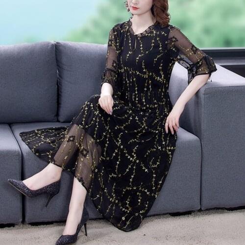 2021 Vintage Embroidery Mulberry Silk Midi Dress Summer Casual Black Loose Sequins Dresses Women Elegant Bodycon Party Vestidos