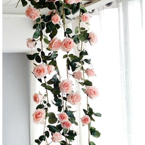 180cm Artificial Rose Flower Vine Wedding Decorative Real Touch Silk Flowers With Green Leaves for Home Hanging Garland Decor(pi