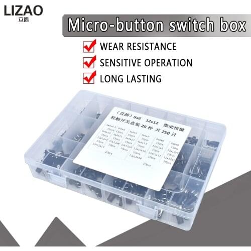 250PCS 20 types 6x6mm /12x12mm 4-foot Micro Switch key switch light touch switch button switch Self-reset DIP Switches