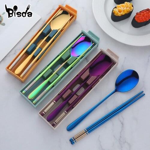 3Pcs Korean Pinic Dinnerware Set Stainless Steel Spoon Chopsticks with Box Gift Portable Travel Camping Flatware Phone Holder