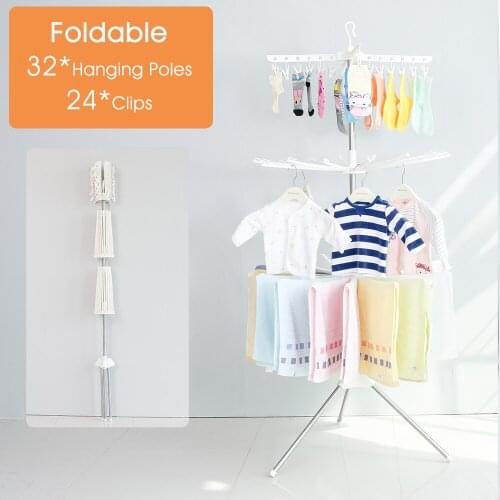 BAOYOUNI 3 Tiers Foldable Towel Drying Rack Baby Clothes Laundry Rack with Underwear Clips Saving Space 68.5*68.5*170cm