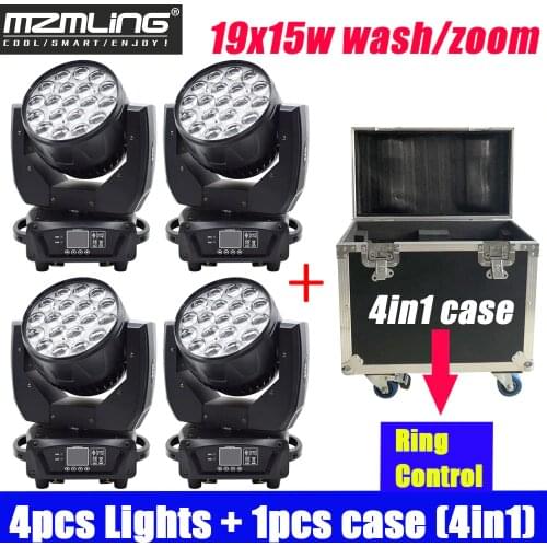 4PCS Lights + 1PCS Flight Case 19x15w RGBW 4in1 Wash/Zoom Light With Ring Control DMX512 Moving Head Light DJ/Bar Stage Light