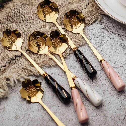 Stainless Steel Teaspoons With Ceramic Handle Gold Plated Coffee Spoons Stirring Spoon For Dessert Cake Ice Cream Tableware