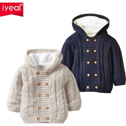 IYEAL Baby Boys Hooded Cardigan Jacket Long Sleeve Fleece Lined Knitted Sweater Kids Toddler Girls Winter Warm Outerwear 0-2 Y