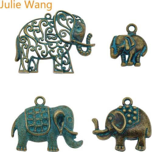 Julie Wang 4PCS Elephant Charms Animal Multiple Shapes Antique Green Alloy Necklace Pendant Bracelet Jewelry Making Accessory