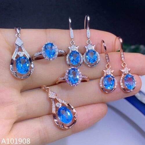 KJJEAXCMY boutique jewelry 925 sterling silver inlaid Natural blue topaz set necklace ring earrings support detection
