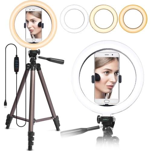 FOSOTO 26cm Led Selfie Ring light USB Port 10" Ring Lamp photography Ringlight With 50" Tripod For Phone Makeup Youtube Video