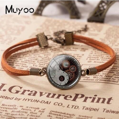 2018 New Design Round Wheel Gear Leather Bracelet Design Round Wheel Gear Photo Bracelets Glass Cabochon Jewelry