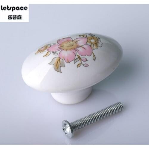 Fashion Rural printing Oval Ceramic Drawer Shoe Cabinet Knob Pull Pink Flower Porcelain Kitchen Cabinet Dresser Cupboard Handle
