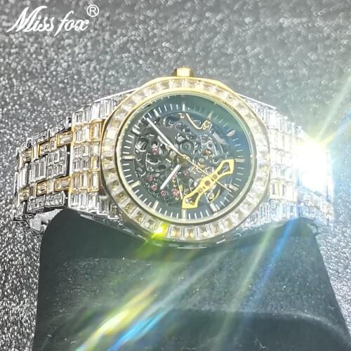 Hip Hop MISSFOX Hollow Mens Watches Automatic Mechanical Iced Out Square AAA Diamond Male High-end Bling Luxury Business Clocks