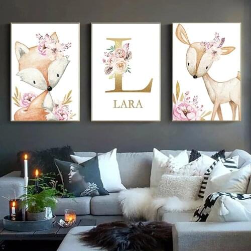 Woodland Animal Print Nursery Canvas Painting Wall Art Pink Flower Poster Nordic Wall Picture Girl Baby Room Decoration