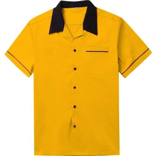 Vintage Mens Shirts Turn-down Collar Black Button Yellow Shirts Men Short Sleeve Rockabilly Men Clothes Western Bowling Shirts