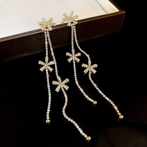 Origin Summer Hyperbole Bling CZ Rhinestone Flower Long Tassel Dangle Earrings for Women Fairy Accessories Birthday Gifts