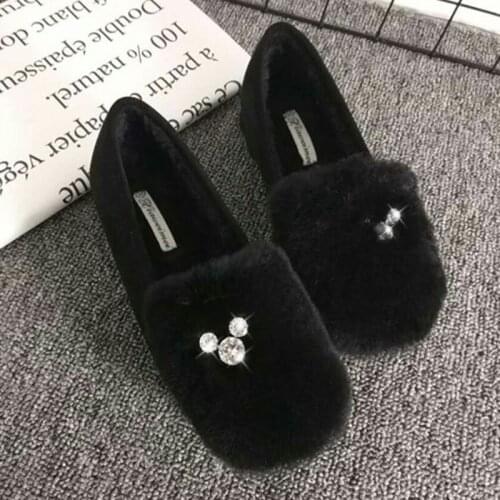 Lovely Crystal rabbit fur flats woman warm plush loafers winter cotton shoes women thicken soled furry moccasins plus size 35-42