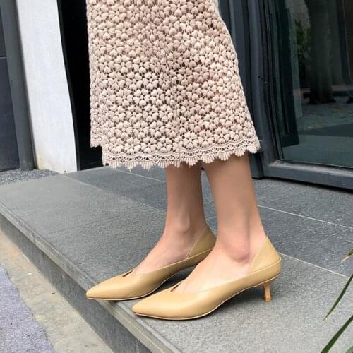 Osunlina 2021 Sex Pointed Toe Pumps Woman 5cm High Thin Heels Comfortable Genuine Cow Leather Slip On Party Office Lady Shoes