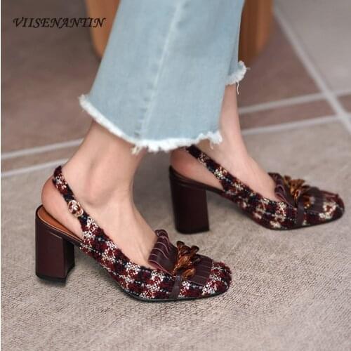 2021 summer new French retro plaid fabric tassel womens shoes chain thick heel high heel single shoes women