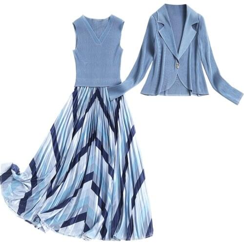 2021 Spring Summer Casual Patchwork Sleeveless Dress and Knitted Blazer Two Pieces Set Woman Clothing