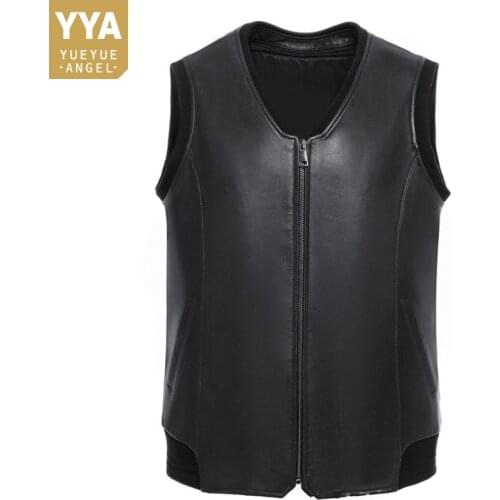 Autumn Winter Real Leather Vest Men Business Casual V-Neck Warm Sheepskin Sleeveless Jacket Zipper Straight Waistcoat 5XL