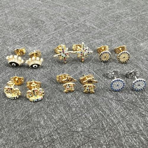 Bohemia Gold Stud Earrings Evil Eye Crown Copper Earrings Women Cubic Zirconia Jewelry Fashion Accessories Holiday Gift