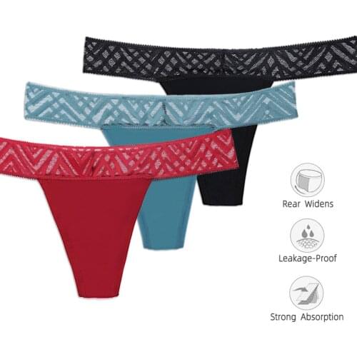 3Pcs Menstrual Briefs Lace Panties Leakproof Physiological Period Four Layers T Back Solid Color G String Sexy Women Underwear