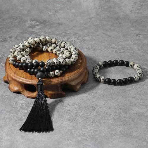8mm Speckled Stone Matte Black Onyx 10mm Lava JapaMala Sets Spiritual Yoga Jewelry Meditation Inspirational 108 Mala Beads
