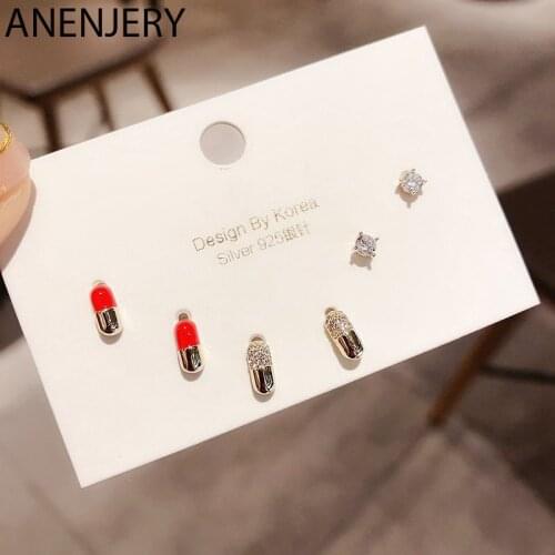 ANENJERY Gold Silver Color Micro Zircon Capsule Stud Earrings Set For Women 6-piece Set S-E1155