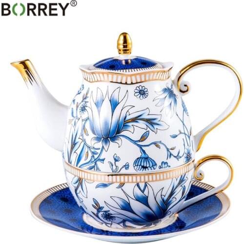 BORREY Bone China TeaPot Set Coffee Mug Flower Tea Pot Puer Oolong Kung Fu Afternoon Tea Turkish Teaware Ceramic Cup Kettle Set