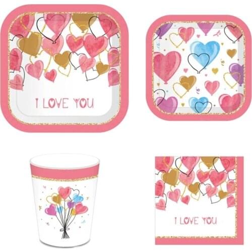 Valentines Day Disposable Tableware Paper Plate Cups Holiday Party Banner Wedding Party Decoration Supplies nn7