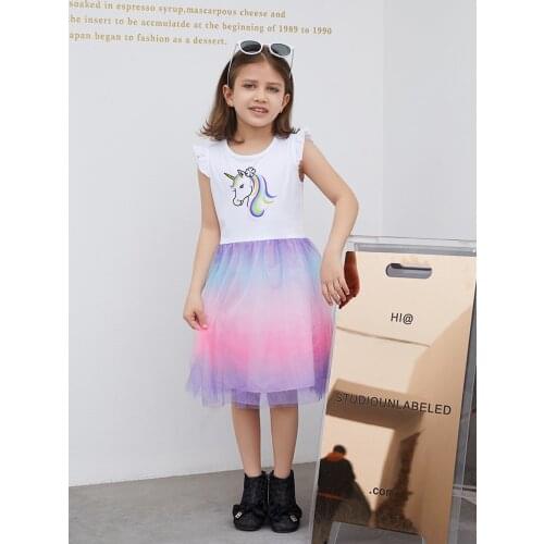 Unicorn Dress Kids Dresses for Girls White Sleeveless Cartoon Rainbow Lace Mesh Child Dresses for 2 To 8 Years Old Costume