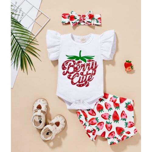 FOCUSNORM 3pcs Baby Girls Clothes Set Letter Print Flying Sleeve Romper+Strawberry Print Shorts+Bow-knot Headband