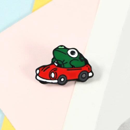 Red Car Brooches Cartoon Green Frog Driver Enamel Pin Backpack Clothes Lapel Pins Funny Animal Badge Jewelry Gifts for Children