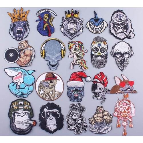 Shark/Gorilla Skull Patch Skeleton Embroidered Patches For Clothing Iron On Patch On Clothes Applique Stickers Patches Stripe