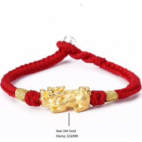 Genuine 24K Yellow Gold Bless-Wealth Pixiu with Red Cord Bracelet Length from 5" to 15"