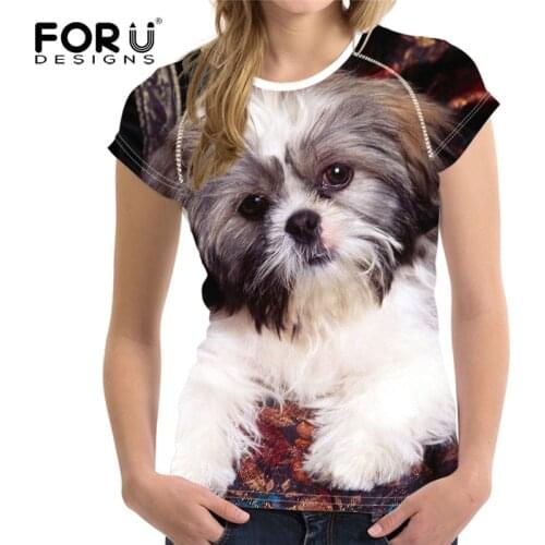 FORUDESIGNS Novelty Shih Tzu Printed Short Sleeve Women T Shirts Casual Breathable Round Neck Female Girls Tshirts Summer Shirts